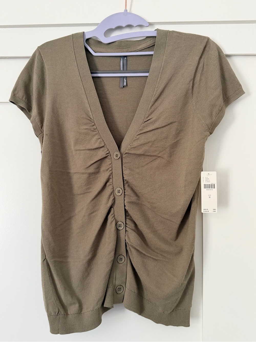 Anthropologie Olive Button-Front Ruched Short-Sleeve Top - Picture 1 of 3